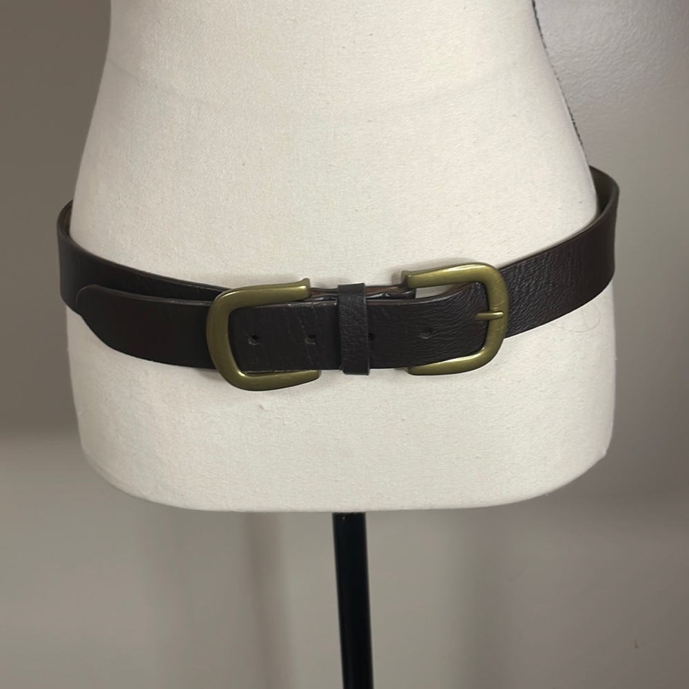 Talbots leather brown belt w double buckle western boho brass gold tone hardware